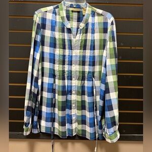 Art & Soul Plaid Button Front Top L Blue Green Check Roll-Tab Sleeves